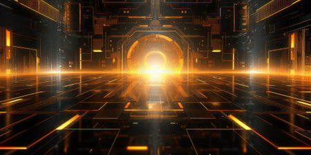 Abstract digital space background, dark futuristic shiny room. Perspective view of data and cyber energy light. Concept of technology, future, network, texture, cloud, storage, information. Generative AI.の素材