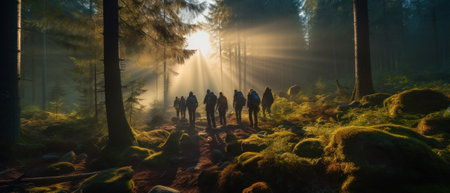 People walk in distance in dark woods at sunrise, banner with group of hikers in pine forest. Landscape with men, sunlight and trees. Concept of hiking, journey, nature, adventure and travel. Generative AI.の素材