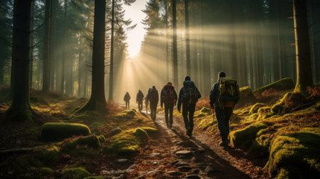 People walk down trail in sunny woods, group of hikers in forest against sunbeams. Landscape with men, sunlight and trees. Concept of hiking, tourism, journey, nature, adventure and travel. Generative AI.の素材