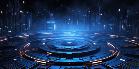 Abstract cyber space background, dark futuristic digital room like stage. Scene with computer data and blue light. Concept of technology, city, future, network, information. Generative AI.の素材