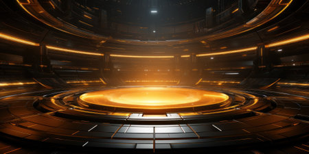 Abstract digital space background, dark futuristic shiny room like stage. Scene with computer data and light of cyber energy. Concept of technology, future, network, information. Generative AI.の素材
