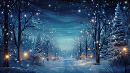 Fairy tale forest with magical lights at Christmas night, winter landscape with showy country road and sky. Scenery of fairytale woods and snow background. Theme of New Year holiday, nature. Generative AI.の素材