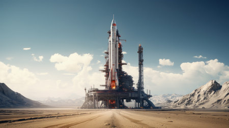 Space rocket is on launch pad before start, spacecraft in desert on sky background. Concept of travel, technology, science, sls, ship and industry. Generative AI.の素材