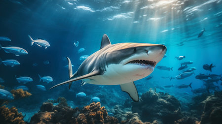 Great white shark and fish swim underwater above coral reefs, scary wild sea predator in blue water. Theme of ocean life, wildlife, travel, marine nature, dive. Generative AI.の素材