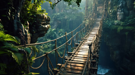 Dangerous suspension wood bridge in jungle, vintage wooden hanging footbridge in green tropical forest. Scene like in adventure movie. Concept of travel, lost world, nature and wanderlust. Generative AI.の素材
