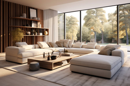 Modern home interior with minimalist design, wooden furniture, inside cozy living room with panoramic window. Concept of contemporary Scandinavian house, eco, wood, decor, summer. Generative AI.の素材