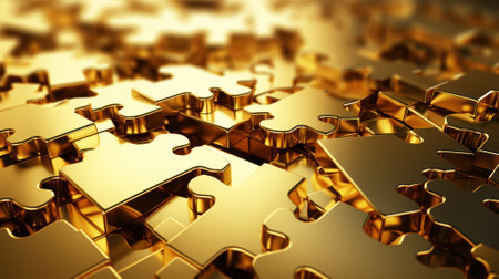 Gold puzzle pile background, stack of shiny metal pieces, pattern of abstract golden blocks. Concept of business, game, design, jigsaw, success, strategy, mystery, solution and secret. Generative AIの素材