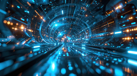 Digital tunnel texture background, perspective of abstract futuristic virtual corridor in cyberspace. Dark scene with data and lights. Concept of technology, future, speed, network, game. Generative AI.の素材