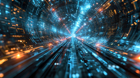 Digital virtual tunnel in cyberspace, perspective view of abstract futuristic corridor, cyber data and lights texture background. Concept of technology, future, speed, fast, network, game. Generative AI.の素材