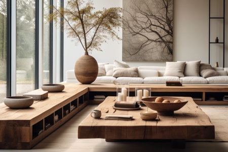 Modern home interior with wood rustic design, Scandinavian minimalist style. Rough wooden furniture and white wall in contemporary living room of house. Concept of nature, eco-friendly. Generative AI.の素材