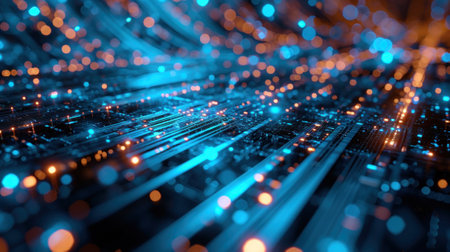 Digital cyberspace with bokeh lights and blue lines, abstract texture background. Data energy of dark cyber space. Concept of tech, network, secure, technology and future. Generative AIの素材