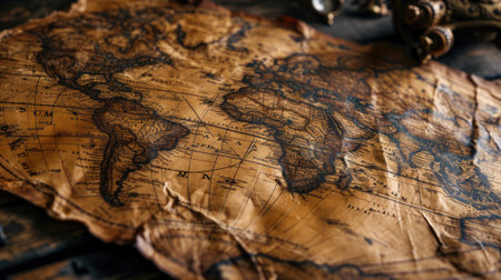 Old World map on vintage wooden table, worn torn paper and instruments. Background for journey theme. Concept of antique, history, discovery, retro, travel, treasure and wallpaper. Generative AI.の素材