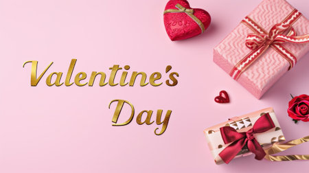 Valentine's Day card, gift boxes and heart shapes on pink background. Greeting with luxury gold lettering and flower, beauty design. Concept of happy holiday, love, text, banner, poster. Generative AI.の素材