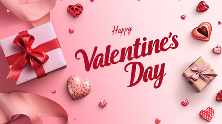 Happy Valentine's Day card, heart shapes and gift boxes on pink background. Greeting with elegant lettering and beauty design. Concept of love, text, banner, poster. Generative AI.の素材