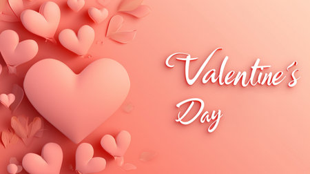 Valentine's Day greeting card, pattern of heart shapes on peach color background. Elegant white lettering, minimalist beauty design. Concept of happy holiday, love, text, banner, template. Generative AI.の素材