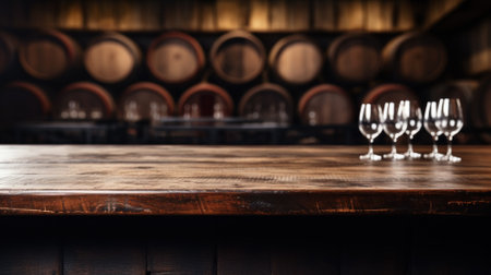 Vintage brown wood table and wine glasses on blurred cellar background, old empty desk in restaurant, bar or cafe. Wooden barrels in storage of winery. Concept of design, vineyard, product. Generative AI.の素材