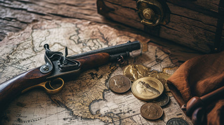 Old map, gold coins and vintage gun on wooden table, worn torn paper and instruments. Background for journey theme. Concept of antique, history, discovery, retro, travel, treasure, wallpaper. Generative AI.の素材