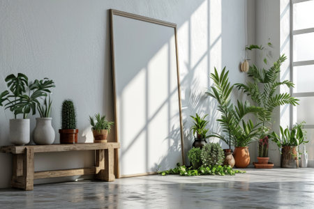 Frame mockup picture near white wall in living room, minimalist Scandinavian interior with blank poster and green plants. Concept of vintage rustic home design, sunlight, daylight, eco. Generative AI.の素材