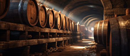 Perspective of vintage wooden barrels stored in wine cellar, old brown oak casks in storage of winery. Concept of vineyard, viticulture, production, wood, warehouse, winemaking, whiskey. Generative AI.の素材