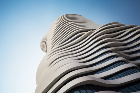 Modern building with futuristic design, abstract curve shapes on blue sky background. Low angle of high-rise tower, wavy geometric facade. Concept of architecture exterior, structure, office. Generative AI.の素材
