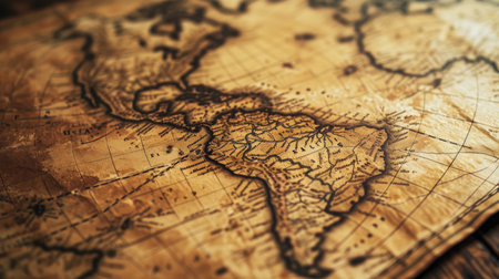 Old world map on vintage wooden table, worn rare paper, background for journey theme. Concept of antique, America, history, discovery, retro, travel, treasure. Generative AI.の素材
