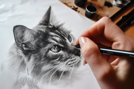 Pencil drawing cat on paper on table, photorealistic face of cute pet, illustration. Painted animal portrait on white background and hand of artist. Concept of design, art, nature, sketch. Generative AI.の素材