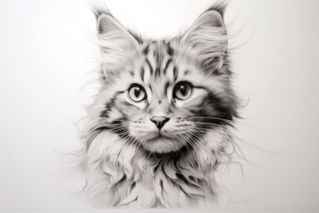 Pencil drawing cat on paper, photorealistic portrait of cute pet, illustration. Painted kitten face isolated on white background. Concept of design, animal, nature, realistic art, sketch. Generative AI.の素材