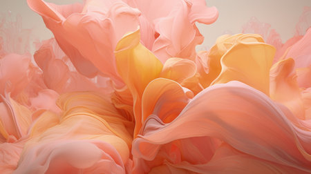 Splash of peach liquid paint texture background, abstract pattern of pink yellow fluid. Swirl of colored surface close-up. Concept of oil art, design, nature, wave, structure and wallpaper. Generative AI.の素材