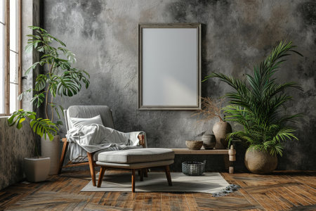 Frame mockup picture on concrete grungy wall in living room, front view. Minimalist interior with wood floor, poster, armchair and green plants. Concept of vintage home design, eco, detail. Generative AI.の素材