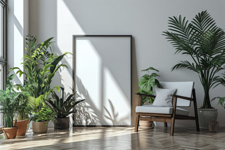 Frame mockup picture on floor near white wall in living room, minimalist Scandinavian interior with blank poster and green plants. Concept of vintage home design, sunlight, daylight, eco. Generative AI.の素材