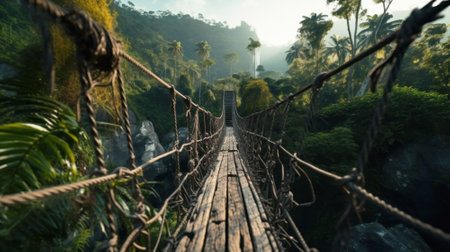 Old suspension wood bridge over tropical river, vintage wooden footbridge in jungle. Scene like in adventure movie. Concept of travel, journey, lost world, mountain, nature and wanderlust. Generative AI.の素材