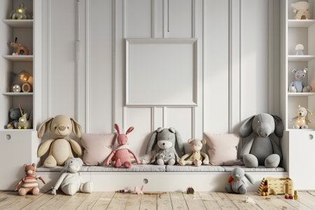 Frame mockup picture on white wall in children`s room, front view. Modern minimalist kids interior with couch, blank poster and toys. Concept of Scandinavian home design, detail. Generative AI.の素材