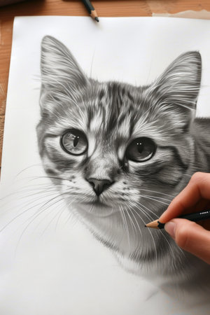 Pencil drawing cat on paper and hand of artist, photorealistic face of cute kitten, illustration. Painted animal portrait on white background. Concept of design, art, pet, table, nature, sketch. Generative AI.の素材