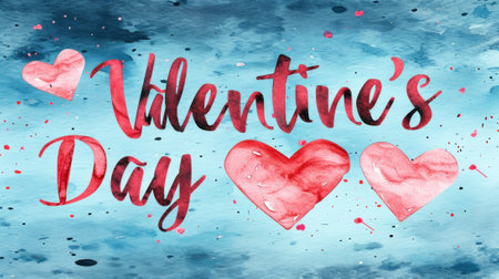 Happy Valentine`s Day card, elegant red lettering on blue background, watercolor illustration. Greeting on St Valentine with painted hearts and text. Concept of holiday, design, love, paper. Generative AI.の素材