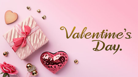 Happy Valentine`s Day card with beautiful gold elegant text on pink background. Luxury design, top view of heart shape, gift box and lettering. Concept of holiday, glamour, love and fashion. Generative AI.の素材