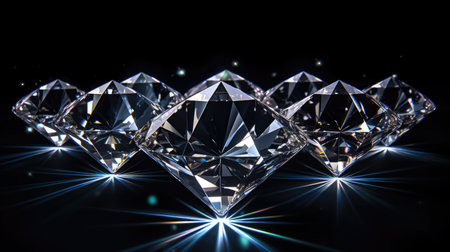 Luxury diamonds isolated on black background, brilliants sparkle in dark space, shiny white gemstones with reflections and rays. Concept of jewel, jewelry, gem, precious stone, luxury, fashion. Generative AI.の素材