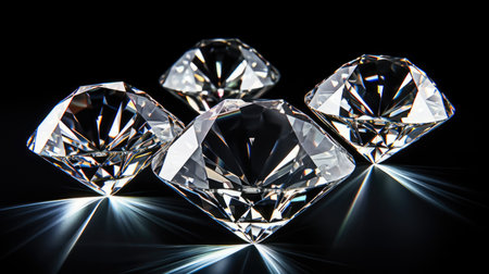 Luxury diamonds isolated on black background, brilliants sparkle in dark space, shiny white gemstones with bright reflections. Concept of jewel, jewelry, gem, precious stone, fashion and crystal. Generative AI.の素材