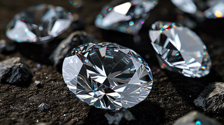 Shiny blue diamonds on dark background, brilliants sparkle on ground, luxury white gemstones with colorful reflections. Concept of jewel, jewelry, gem, precious stone, fashion and crystal. Generative AI.の素材