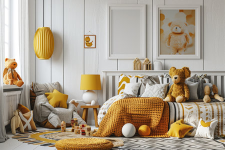 Frame mockup picture in kids room, Scandinavian design. Modern children`s home interior with white walls, couch, posters and soft toys. Concept of yellow style, mock up. Generative AI.の素材