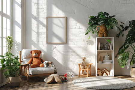 Frame mockup picture in children`s room, Scandinavian minimalist design. Modern kids home interior with white brick walls, plants, blank poster and toys. Concept of decor, mock up, front view. Generative AI.の素材