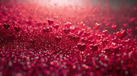 Happy Valentine`s Day background, lot of small heart shapes, illustration. Red and pink colors pattern as confetti. Concept of abstract design, love, wedding, texture, template, banner. Generative AI.の素材