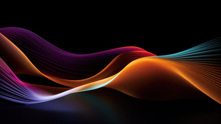 Glowing colored curve lines on black background, pattern of energy motion in dark digital space. Cyberspace with abstract multicolored waves of light. Concept of tech, neon, spectrum, data. Generative AI.の素材