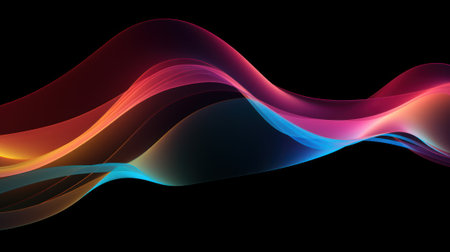 Abstract curve neon lines background, pattern of energy motion in dark digital space. Cyberspace with multicolored glowing waves of light. Concept of tech, color, texture, spectrum, data, speed. Generative AI.の素材