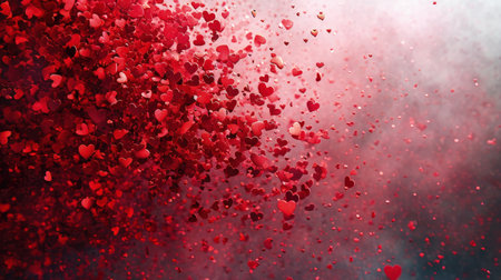 Lot heart shapes abstract background, red confetti pattern and sunlight, illustration. Beauty design for Valentine`s Day and wedding card, love theme. Concept of holiday, texture, banner. Generative AI.の素材