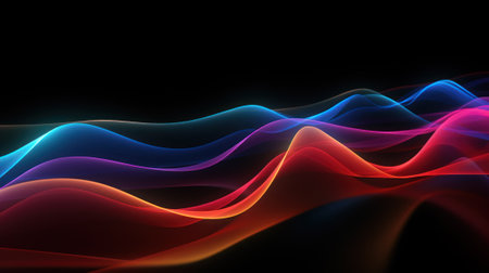 Glowing multicolored curve lines isolated on black background, cyberspace energy. Abstract pattern of colored neon waves of light in dark digital space. Concept of tech, spectrum, data, effect. Generative AIの素材