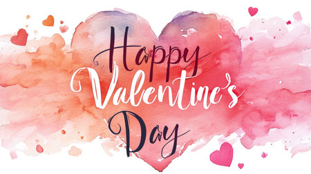 Watercolor Happy Valentine`s Day card, elegant lettering and red orange heart shape on white paper background. Concept of text, pastel design, love, banner, handmade, water color. Generative AI.の素材