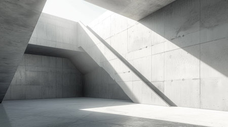 Abstract empty space background, modern concrete room with gray sloped walls and sunlight, minimalist hall interior. Concept of white stone architecture, texture, building, garage, warehouse. Generative AI.の素材
