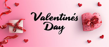 Valentine`s Day card with elegant lettering on pink background. Luxury gift box, ribbons, red heart shapes and text. Beauty design, top view. Concept of love, banner, glamor and fashion. Generative AI.の素材