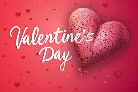 Valentine`s Day card with elegant white lettering on red pink background. Luxury red heart shape and text. Beauty design, top view. Concept of happy love, banner, glamor and fashion. Generative AI.の素材