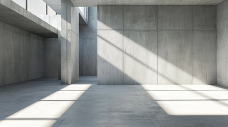 Modern empty space background, abstract room with gray concrete walls and direct daylight from window, minimal hall interior. Concept of white stone architecture, texture, building, garage. Generative AI.の素材